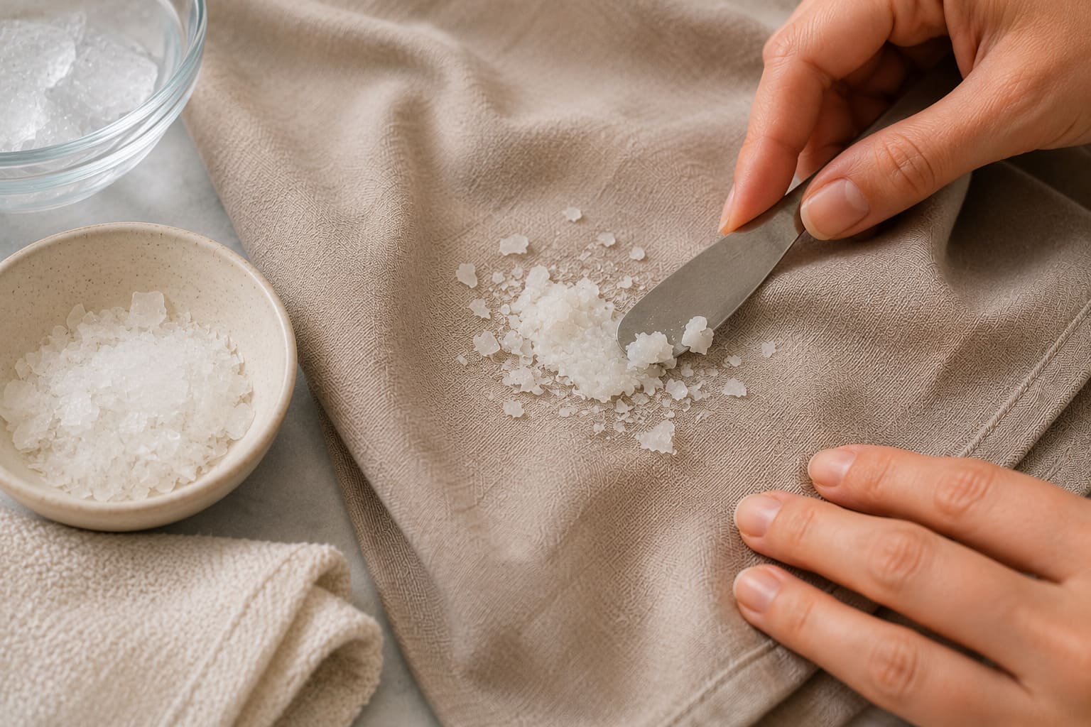 Scraping hardened candle wax from fabric with a blunt knife after chilling the wax for safe removal